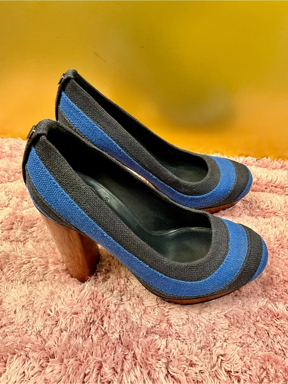 Tory Burch Blue and Black Striped Platform Pumps